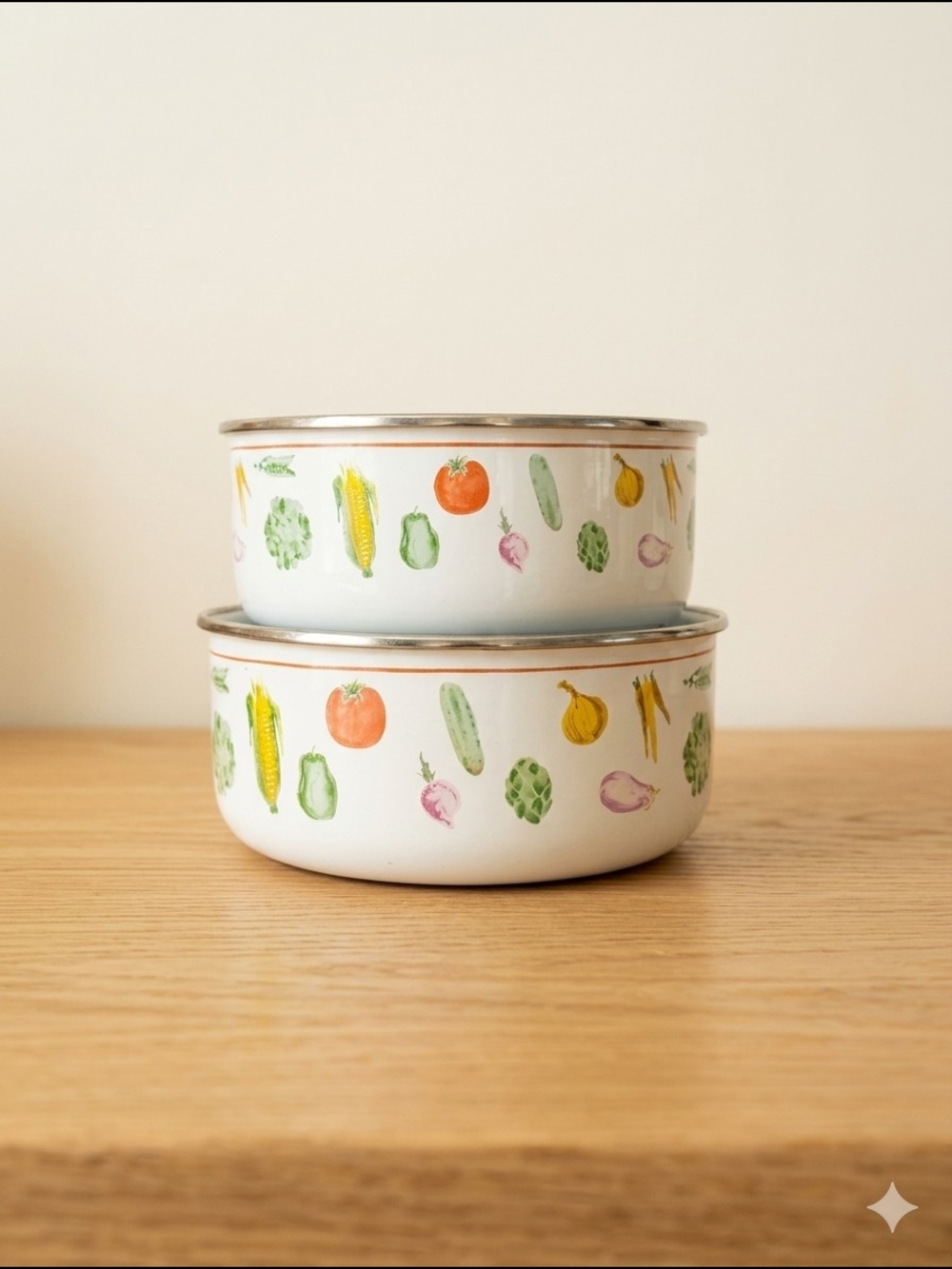 Vintage Style Enamel Nesting Bowls with Vegetable Pattern - Set of 2